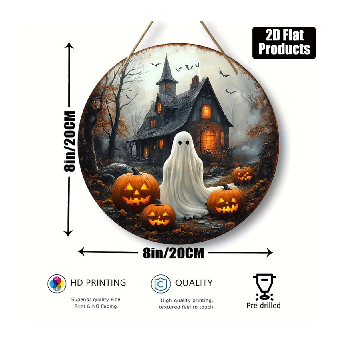 Sjs Halloween-Hängeschild aus rundem Holz mit Kürbiskopf, Spukhaus und Geist, mehrfarbig - Bild 6