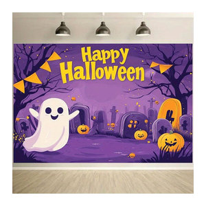 Sjs Halloween Hintergrund Dekoration mit Geistern, Kürbissen und Friedhofsszene, mehrfarbig und lila, rechteckig