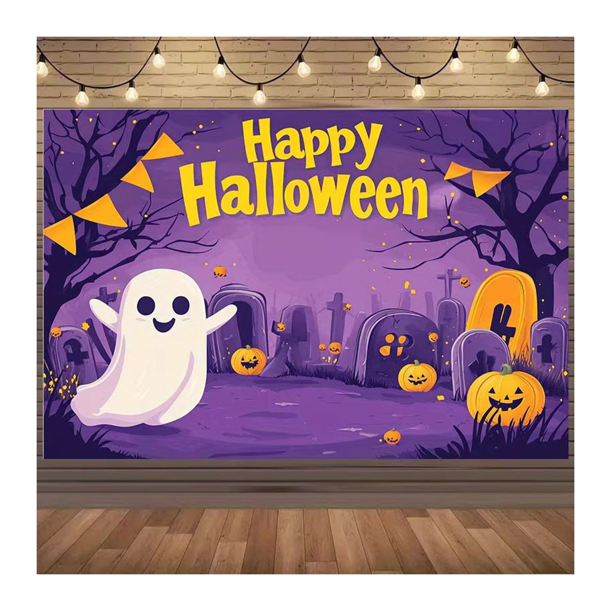 Sjs Halloween Hintergrund Dekoration mit Geistern, Kürbissen und Friedhofsszene, mehrfarbig und lila, rechteckig - Bild 3