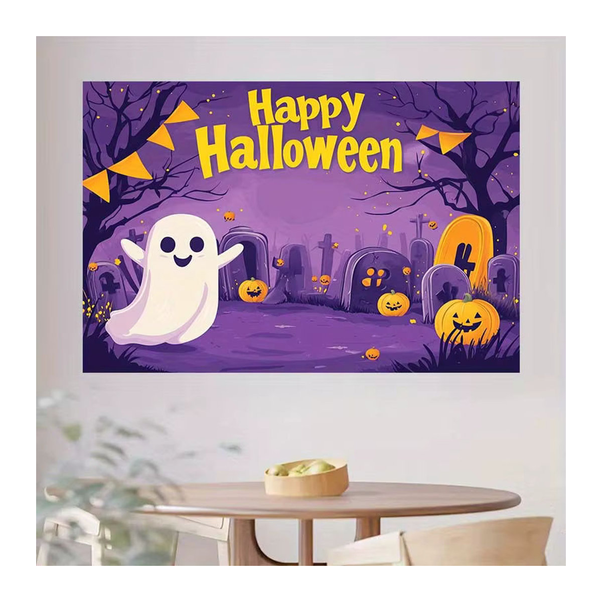Sjs Halloween Hintergrund Dekoration mit Geistern, Kürbissen und Friedhofsszene, mehrfarbig und lila, rechteckig - Bild 4