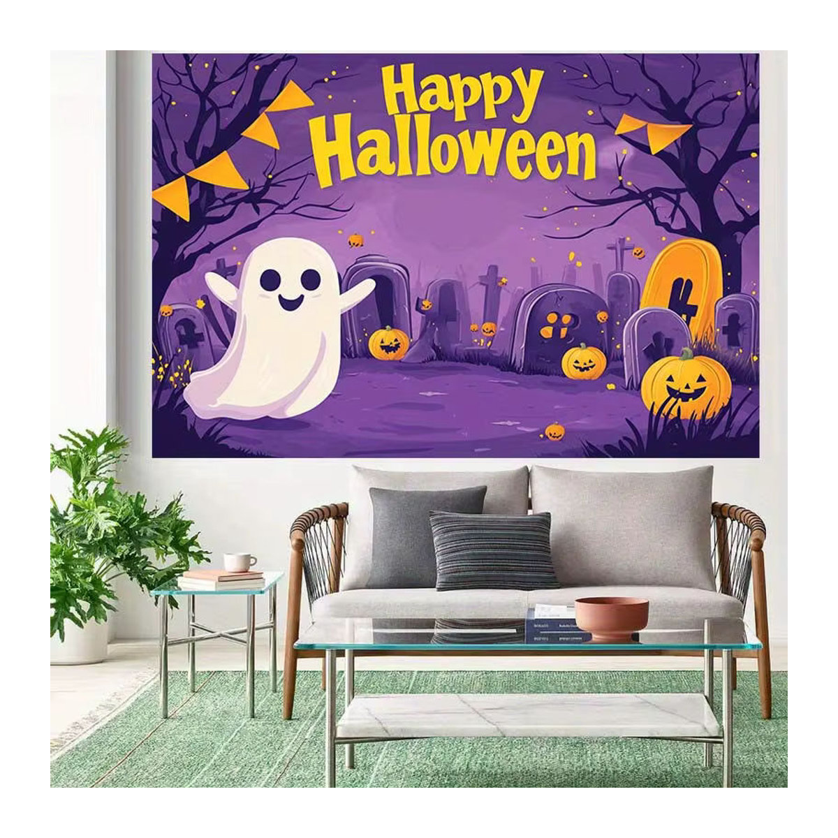 Sjs Halloween Hintergrund Dekoration mit Geistern, Kürbissen und Friedhofsszene, mehrfarbig und lila, rechteckig - Bild 5