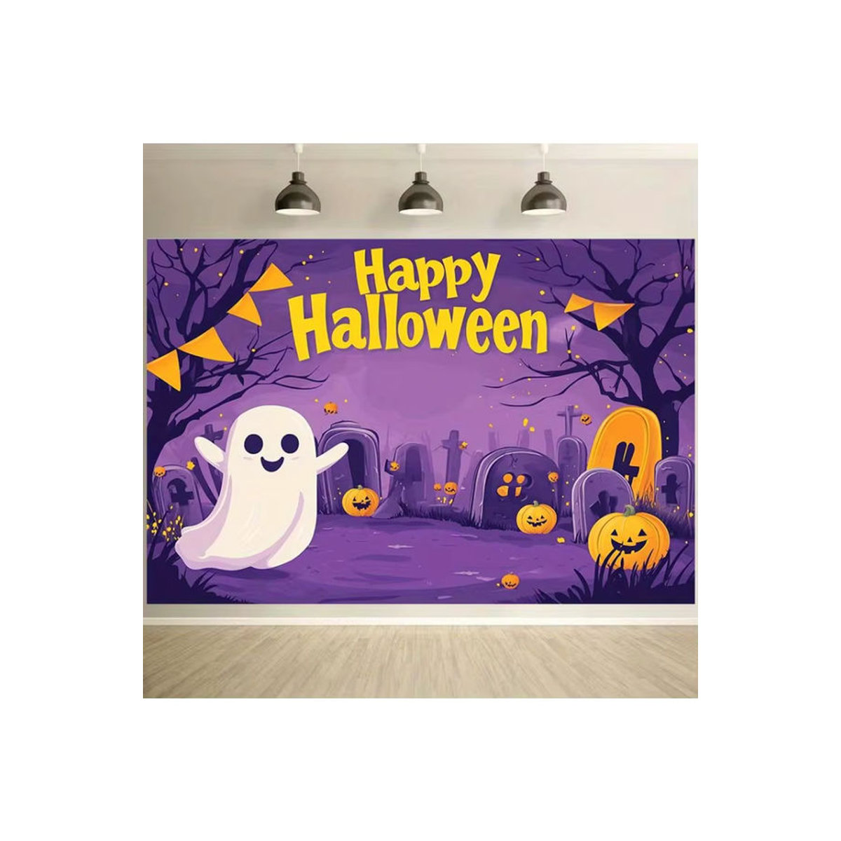 Sjs Halloween Hintergrund Dekoration mit Geistern, Kürbissen und Friedhofsszene, mehrfarbig und lila, rechteckig - Bild 7