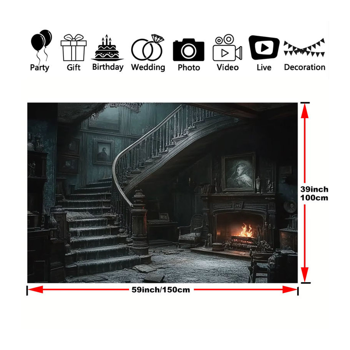 Sjs Halloween Hintergrundtuch im Retro-Gothic-Stil mit Gebäude-Motiv, mehrfarbig und schwarz, rechteckiges Textil-Dekorationstuch - Bild 5