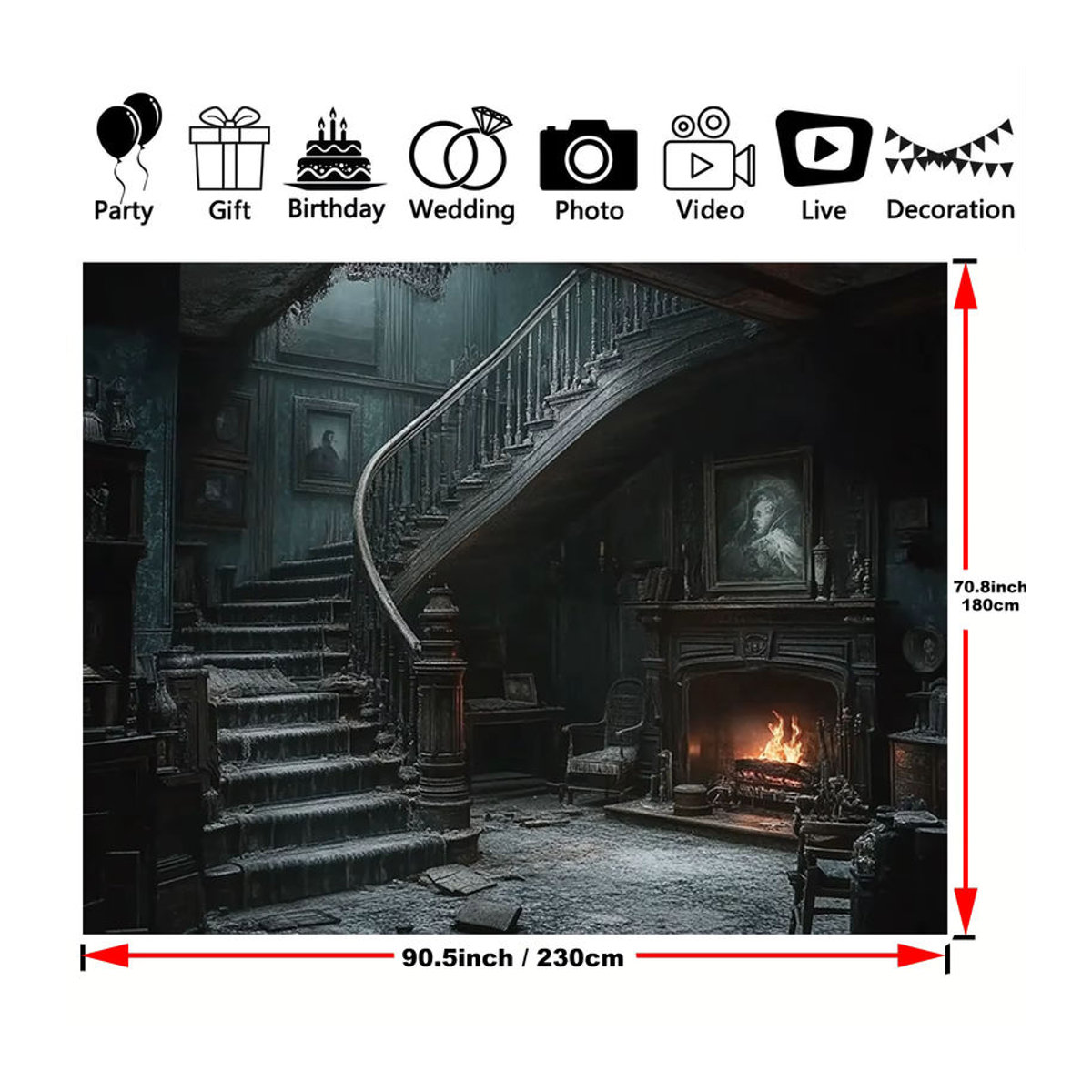 Sjs Halloween Hintergrundtuch im Retro-Gothic-Stil mit Gebäude-Motiv, mehrfarbig und schwarz, rechteckiges Textil-Dekorationstuch - Bild 6