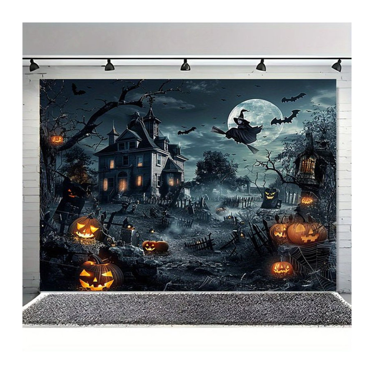 sjs Halloween Party Hintergrund Dekoration mit Horrorschloss, Hexe, Fledermaus, Friedhof und Kürbis Design in Mehrfarbig - Bild 1