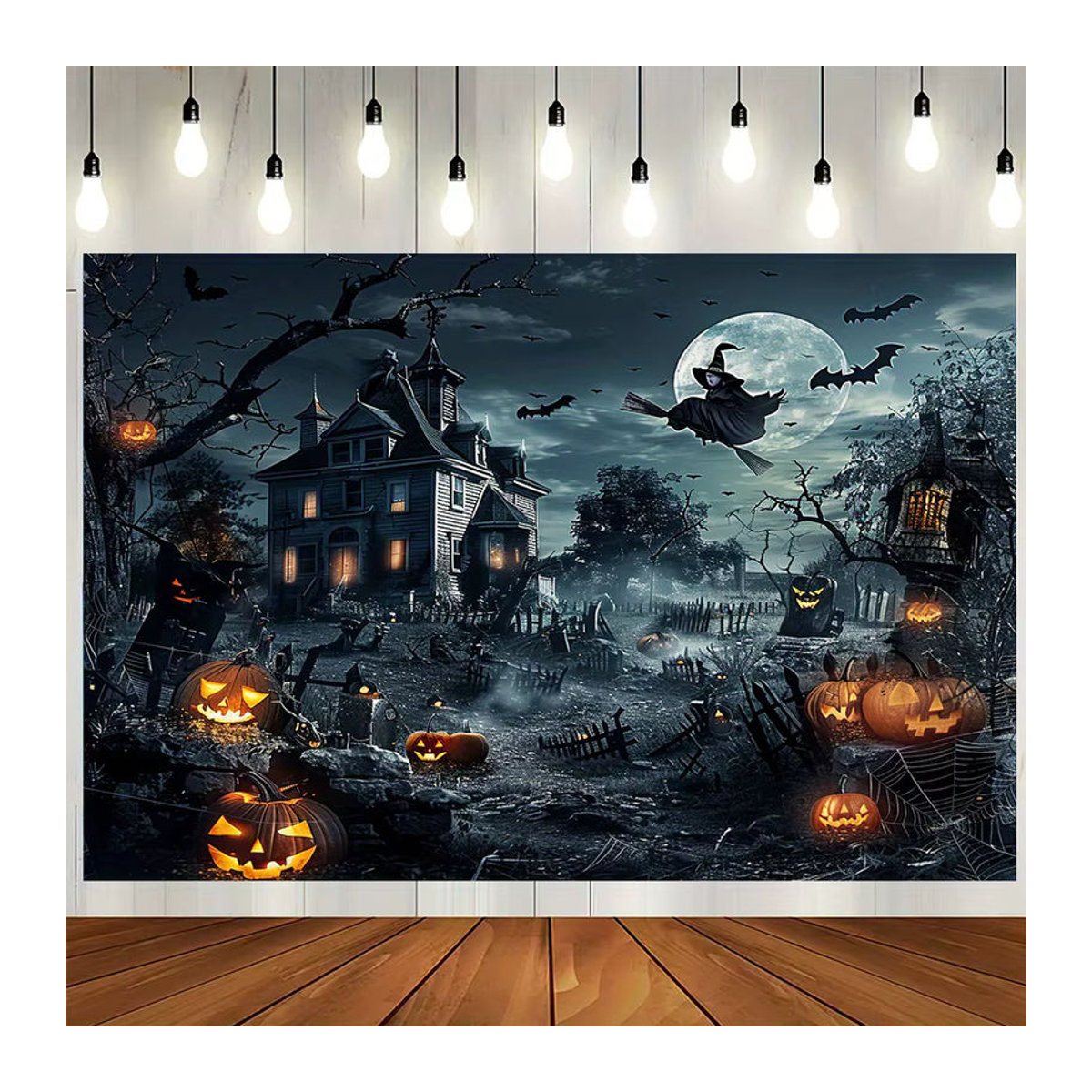 sjs Halloween Party Hintergrund Dekoration mit Horrorschloss, Hexe, Fledermaus, Friedhof und Kürbis Design in Mehrfarbig - Bild 3