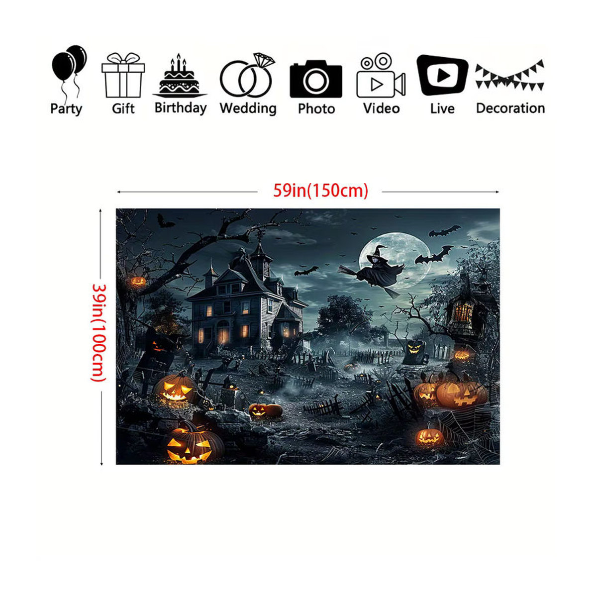 sjs Halloween Party Hintergrund Dekoration mit Horrorschloss, Hexe, Fledermaus, Friedhof und Kürbis Design in Mehrfarbig - Bild 5