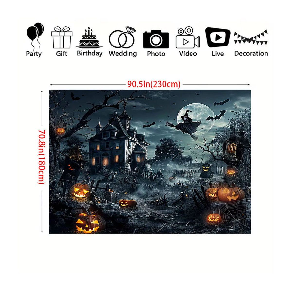 sjs Halloween Party Hintergrund Dekoration mit Horrorschloss, Hexe, Fledermaus, Friedhof und Kürbis Design in Mehrfarbig - Bild 6