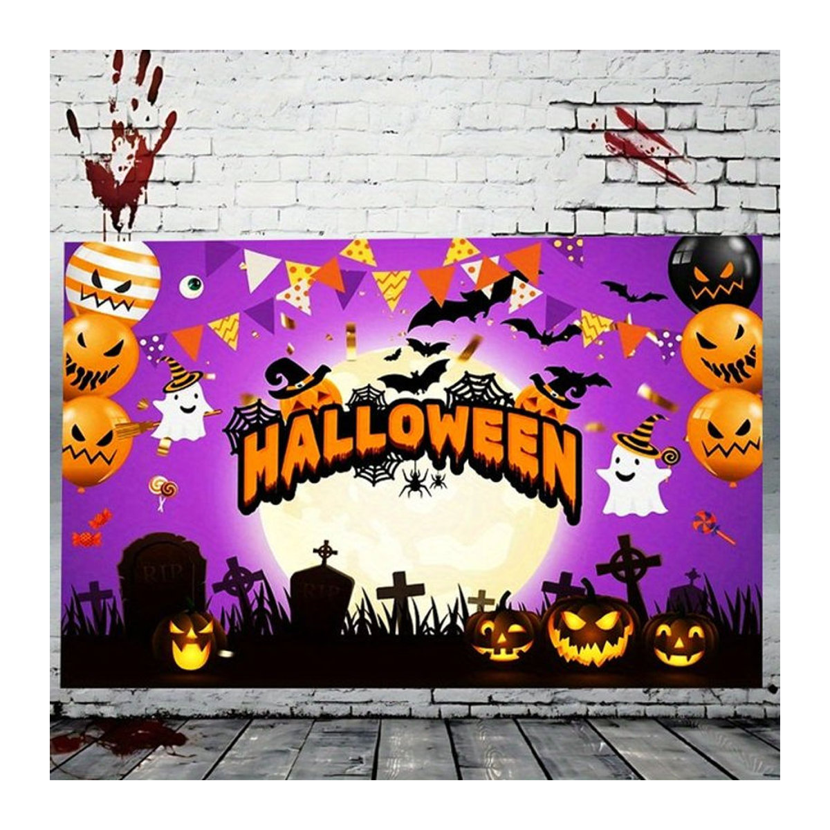 sjs Halloween Stoffbanner Horror Friedhof mit Fledermaus, Geist und Kürbis, mehrfarbig, Textil, 150 x 150 cm - Bild 1