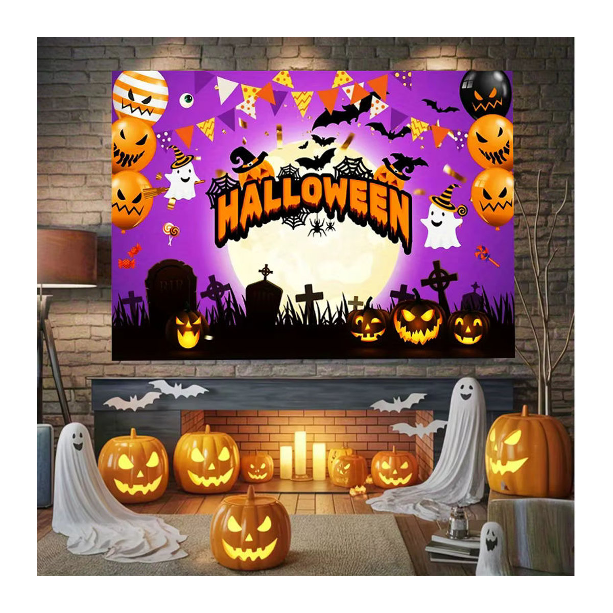 sjs Halloween Stoffbanner Horror Friedhof mit Fledermaus, Geist und Kürbis, mehrfarbig, Textil, 150 x 150 cm - Bild 2