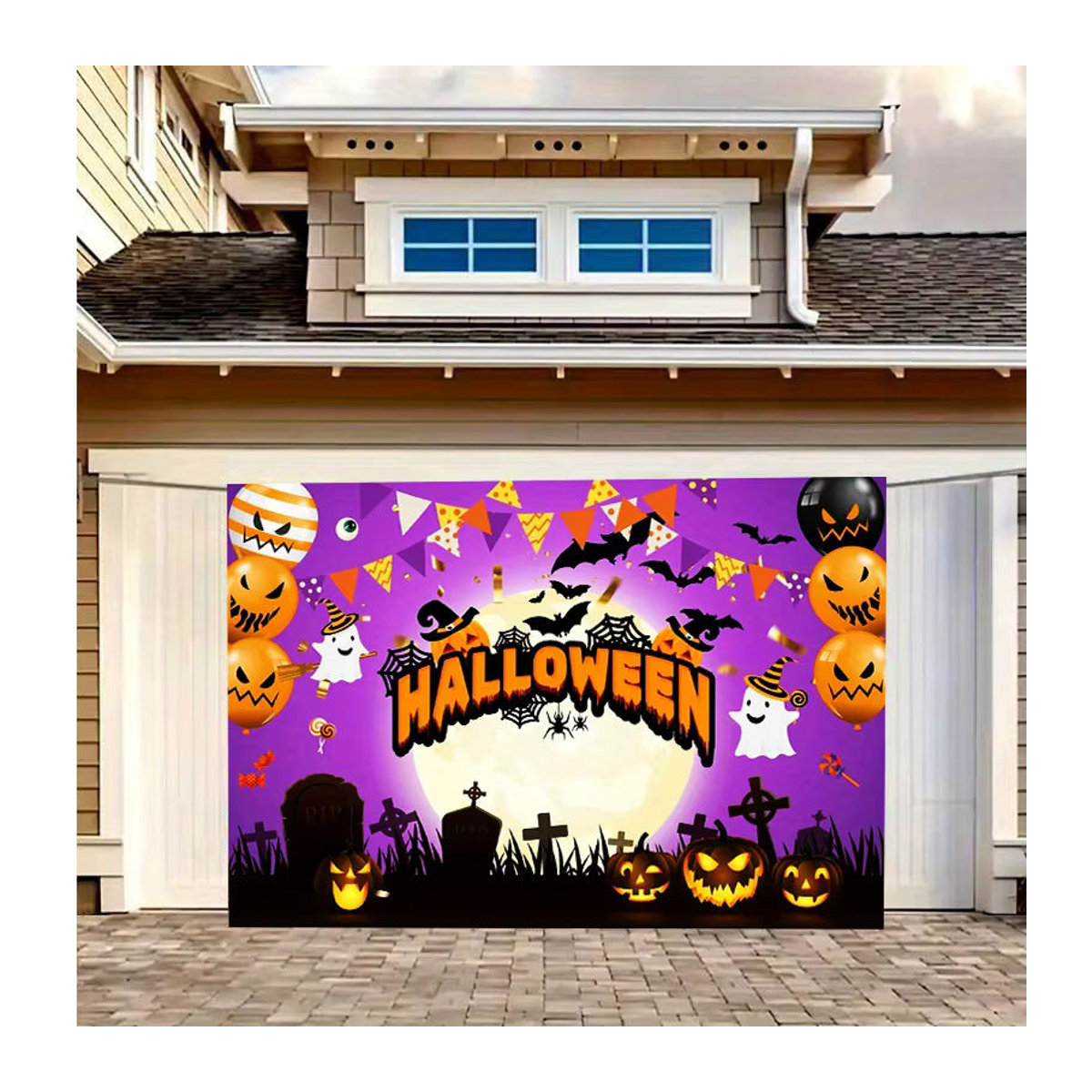 sjs Halloween Stoffbanner Horror Friedhof mit Fledermaus, Geist und Kürbis, mehrfarbig, Textil, 150 x 150 cm - Bild 3