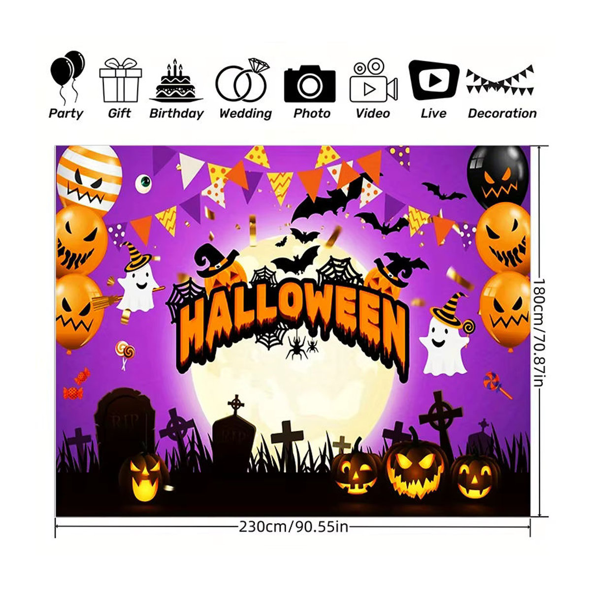 sjs Halloween Stoffbanner Horror Friedhof mit Fledermaus, Geist und Kürbis, mehrfarbig, Textil, 150 x 150 cm - Bild 4