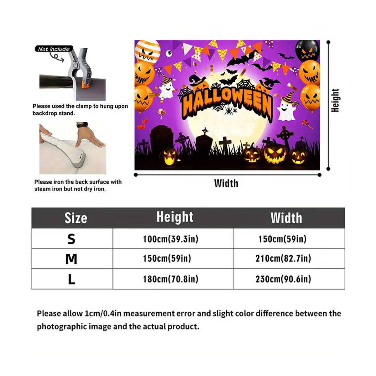 sjs Halloween Stoffbanner Horror Friedhof mit Fledermaus, Geist und Kürbis, mehrfarbig, Textil, 150 x 150 cm - Bild 5