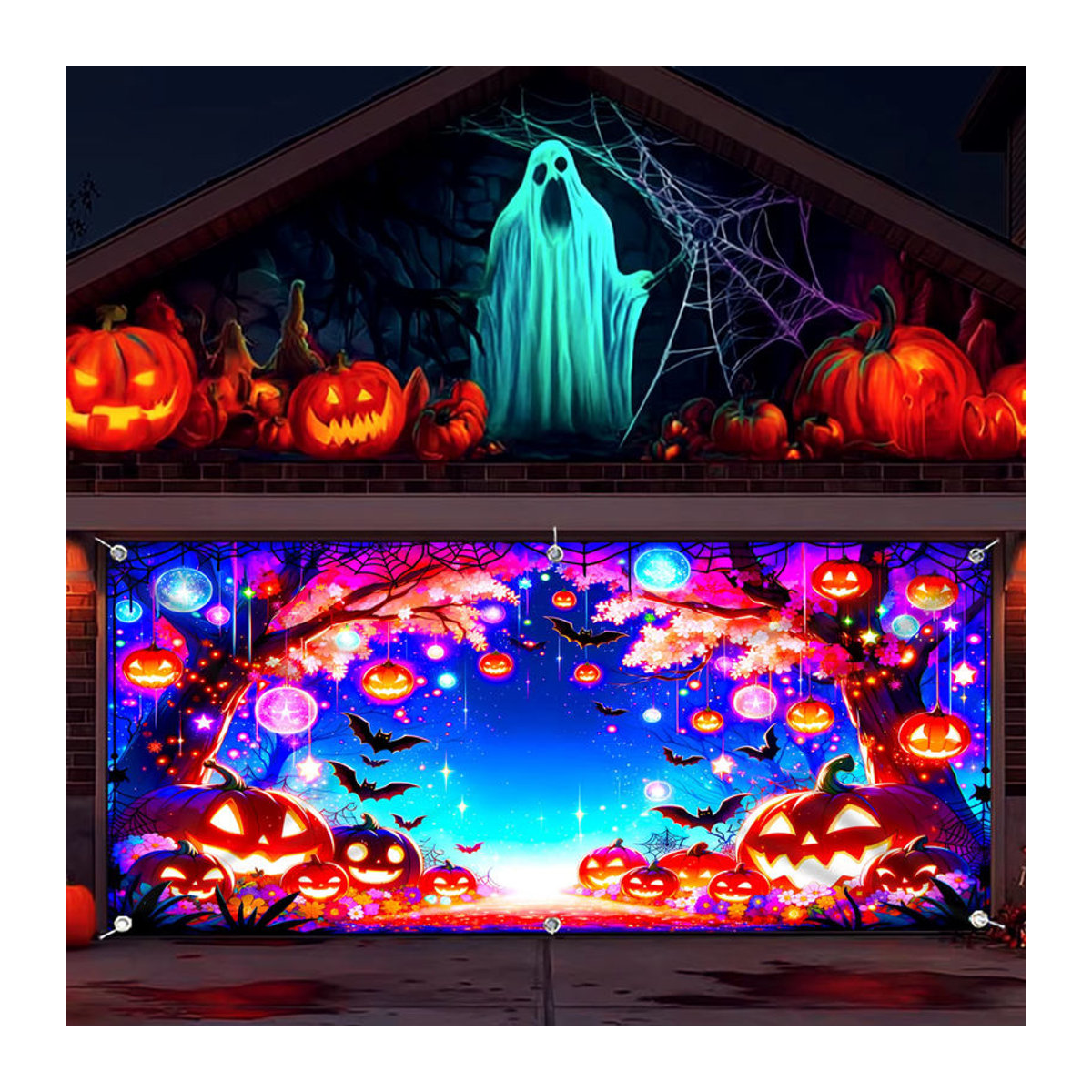 Sjs Halloween Stoffbanner mit Fledermaus und Kürbis im Märchenstil, mehrfarbig, rechteckig, B: 150 cm, H: 150 cm - Bild 1