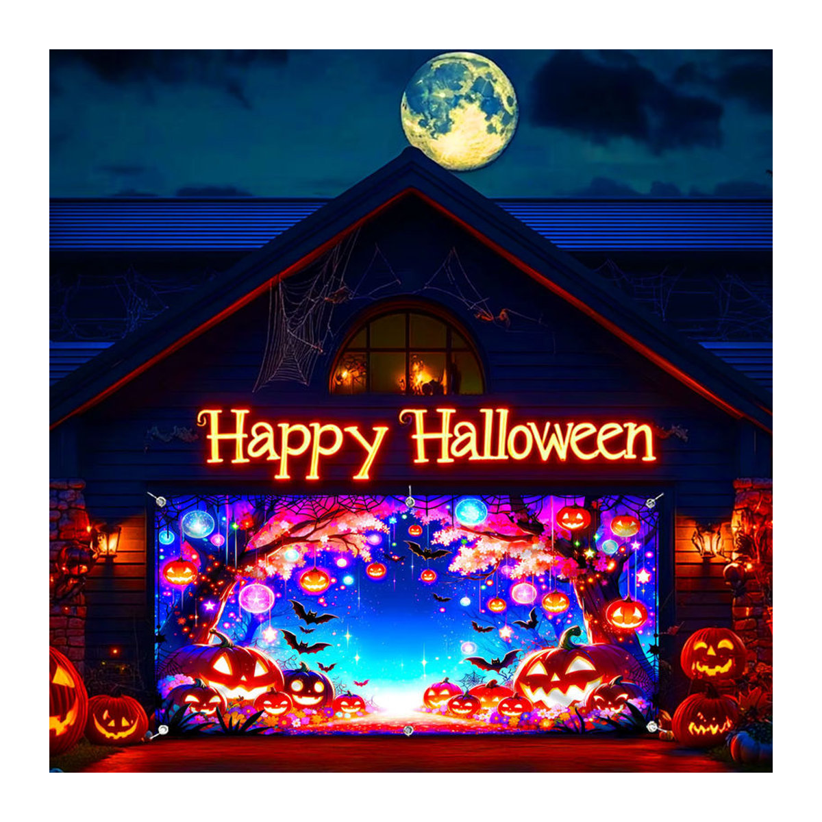 Sjs Halloween Stoffbanner mit Fledermaus und Kürbis im Märchenstil, mehrfarbig, rechteckig, B: 150 cm, H: 150 cm - Bild 2