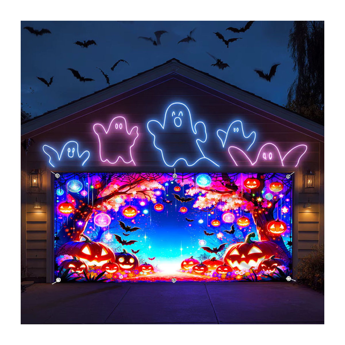 Sjs Halloween Stoffbanner mit Fledermaus und Kürbis im Märchenstil, mehrfarbig, rechteckig, B: 150 cm, H: 150 cm - Bild 3