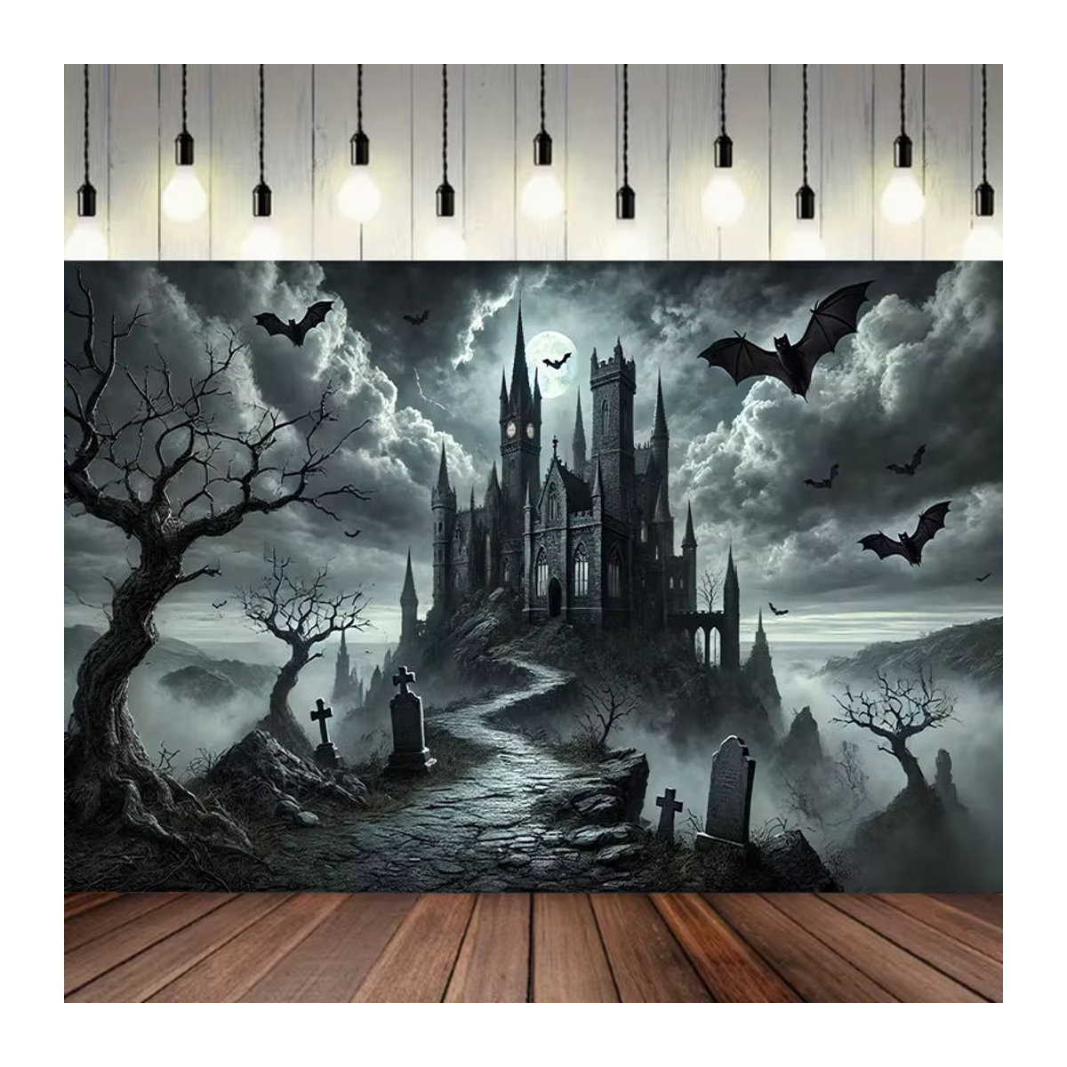 Sjs Halloween Stoffbanner mit Gothic-Schloss-Nachtszene, mehrfarbig und grau, Textil, B/H: 150 x 150 cm - Bild 1