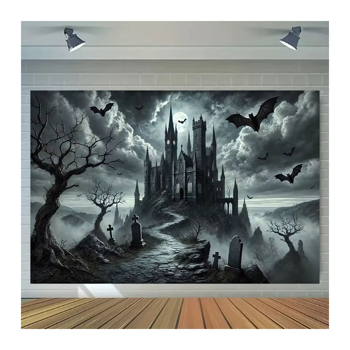 Sjs Halloween Stoffbanner mit Gothic-Schloss-Nachtszene, mehrfarbig und grau, Textil, B/H: 150 x 150 cm - Bild 2