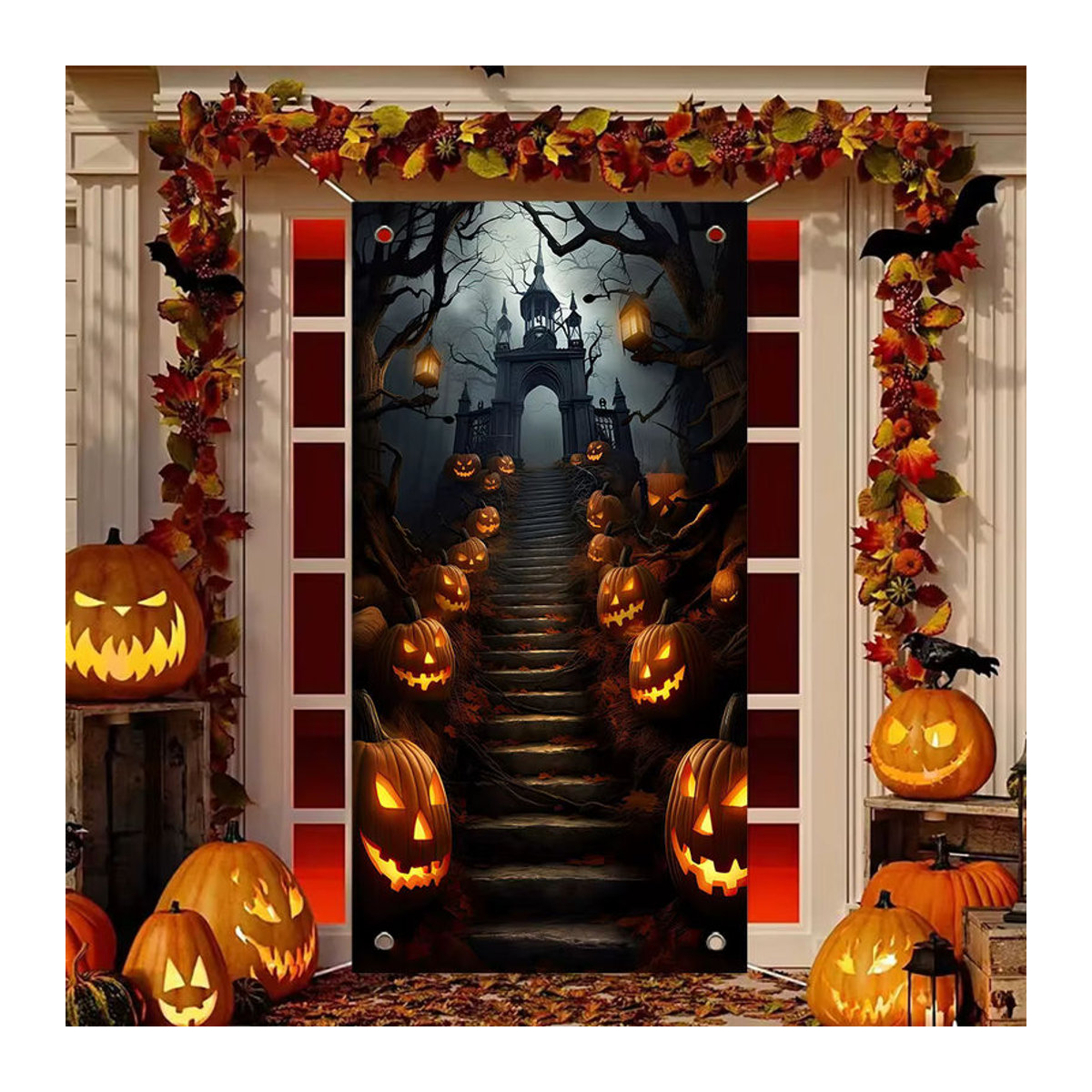 sjs Halloween Stoffbanner mit gruseligem Kürbiskopf-Design, mehrfarbig, rechteckig, B/H: 180 x 90 cm - Bild 3