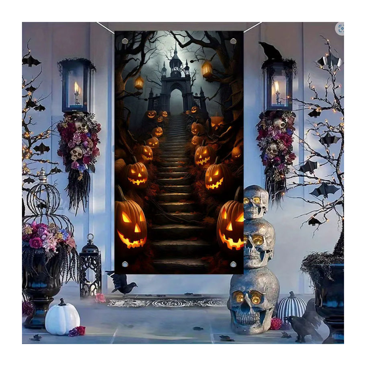 sjs Halloween Stoffbanner mit gruseligem Kürbiskopf-Design, mehrfarbig, rechteckig, B/H: 180 x 90 cm - Bild 4