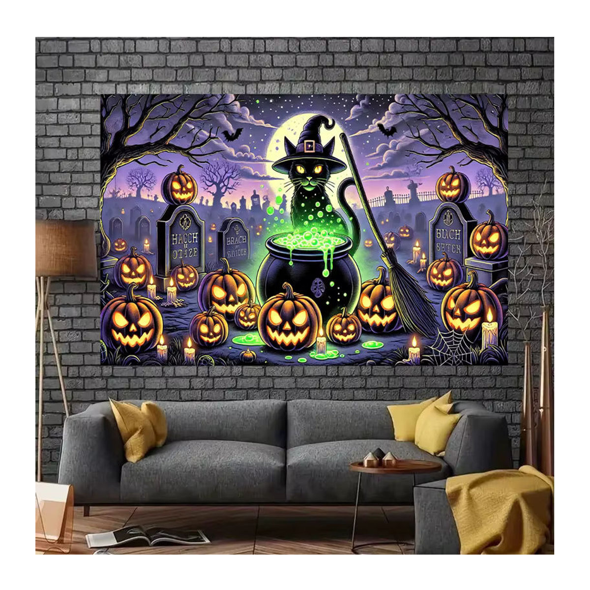 Sjs Halloween Stoffbanner mit Hexentopfmuster, mehrfarbige Textil-Dekoration, rechteckig, B: 150 cm, H: 100 cm - Bild 1