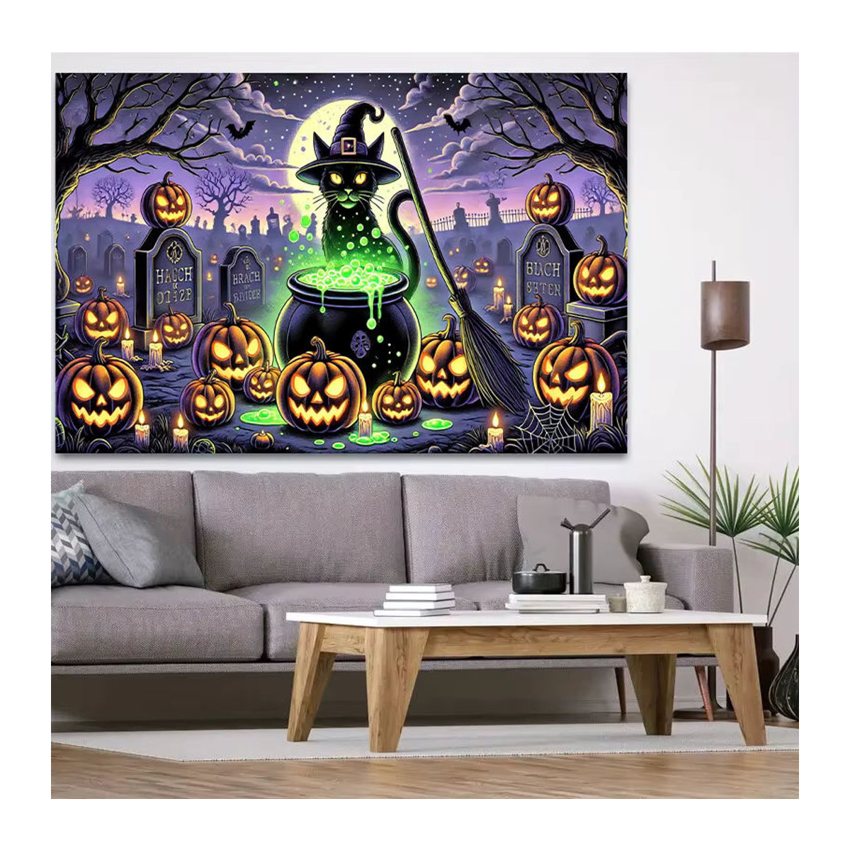 Sjs Halloween Stoffbanner mit Hexentopfmuster, mehrfarbige Textil-Dekoration, rechteckig, B: 150 cm, H: 100 cm - Bild 2