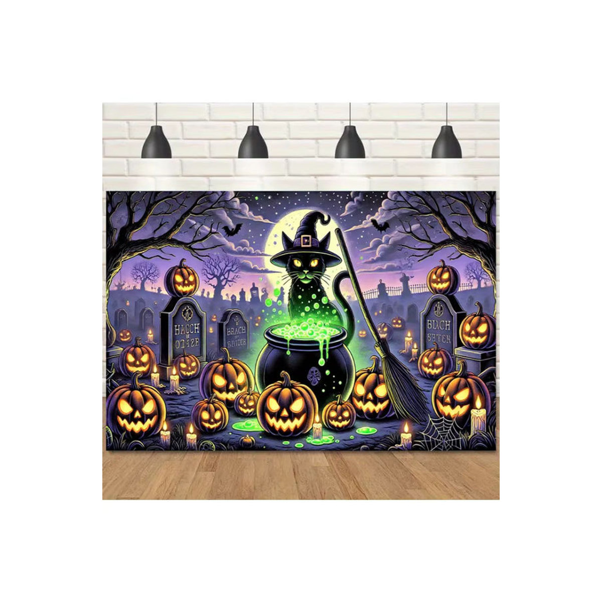 Sjs Halloween Stoffbanner mit Hexentopfmuster, mehrfarbige Textil-Dekoration, rechteckig, B: 150 cm, H: 100 cm - Bild 4