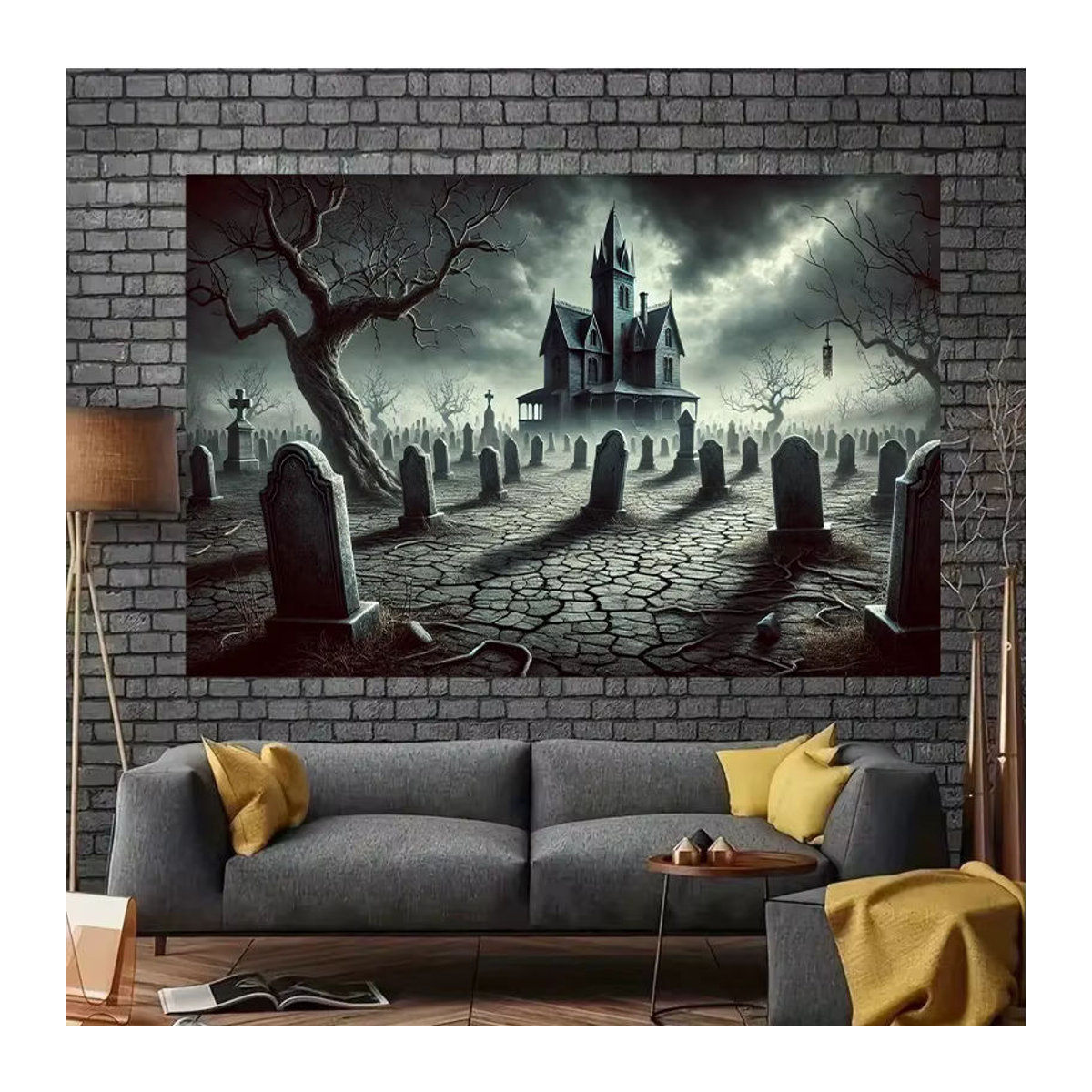 sjs Halloween Stoffbanner mit Spukhausmuster, mehrfarbig, rechteckig, B/H: 150 x 150 cm - Bild 1