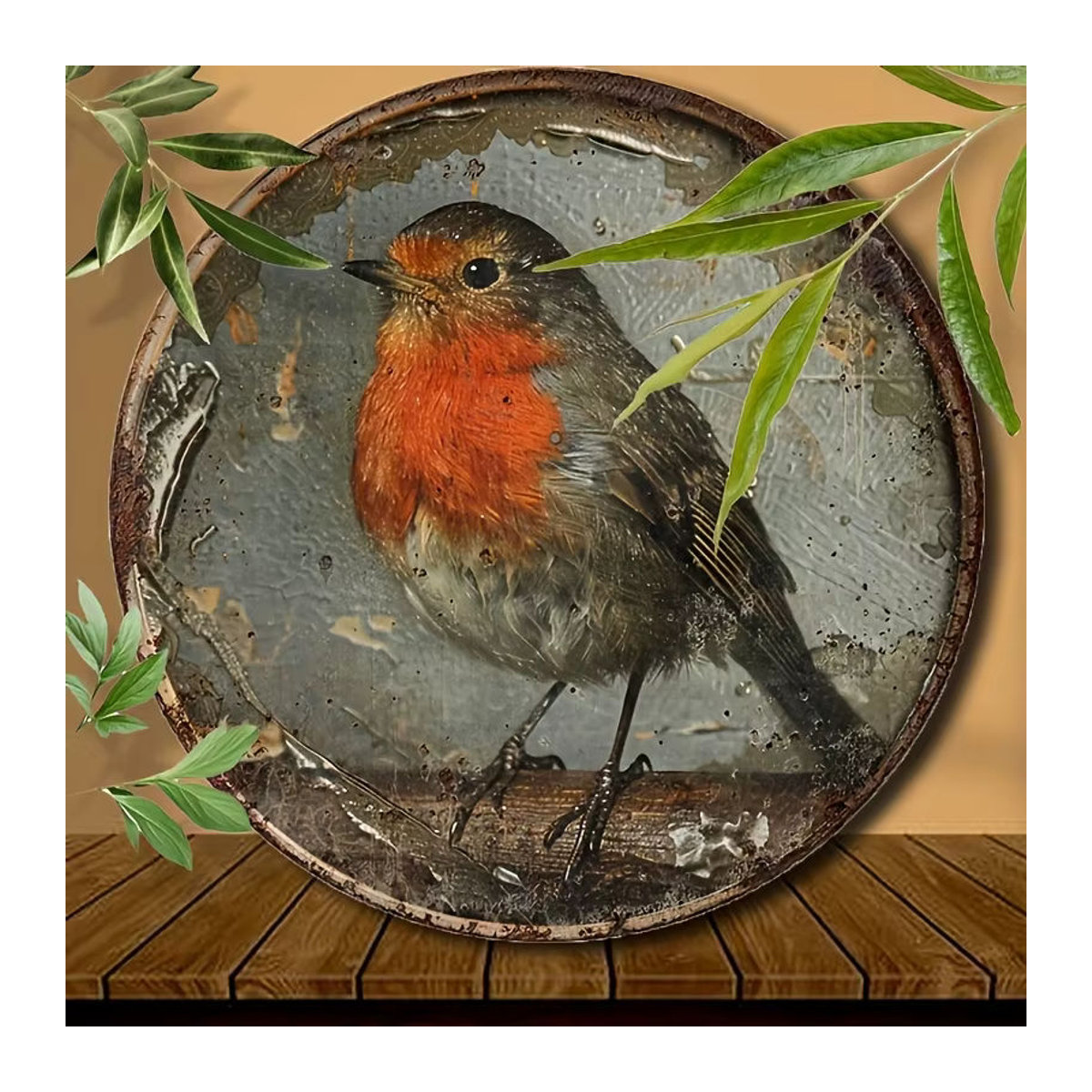 Sjs Rundes 2D-Hängeschild aus Holz mit Vögel-Motiv in Braun und Mehrfarbig - Bild 1