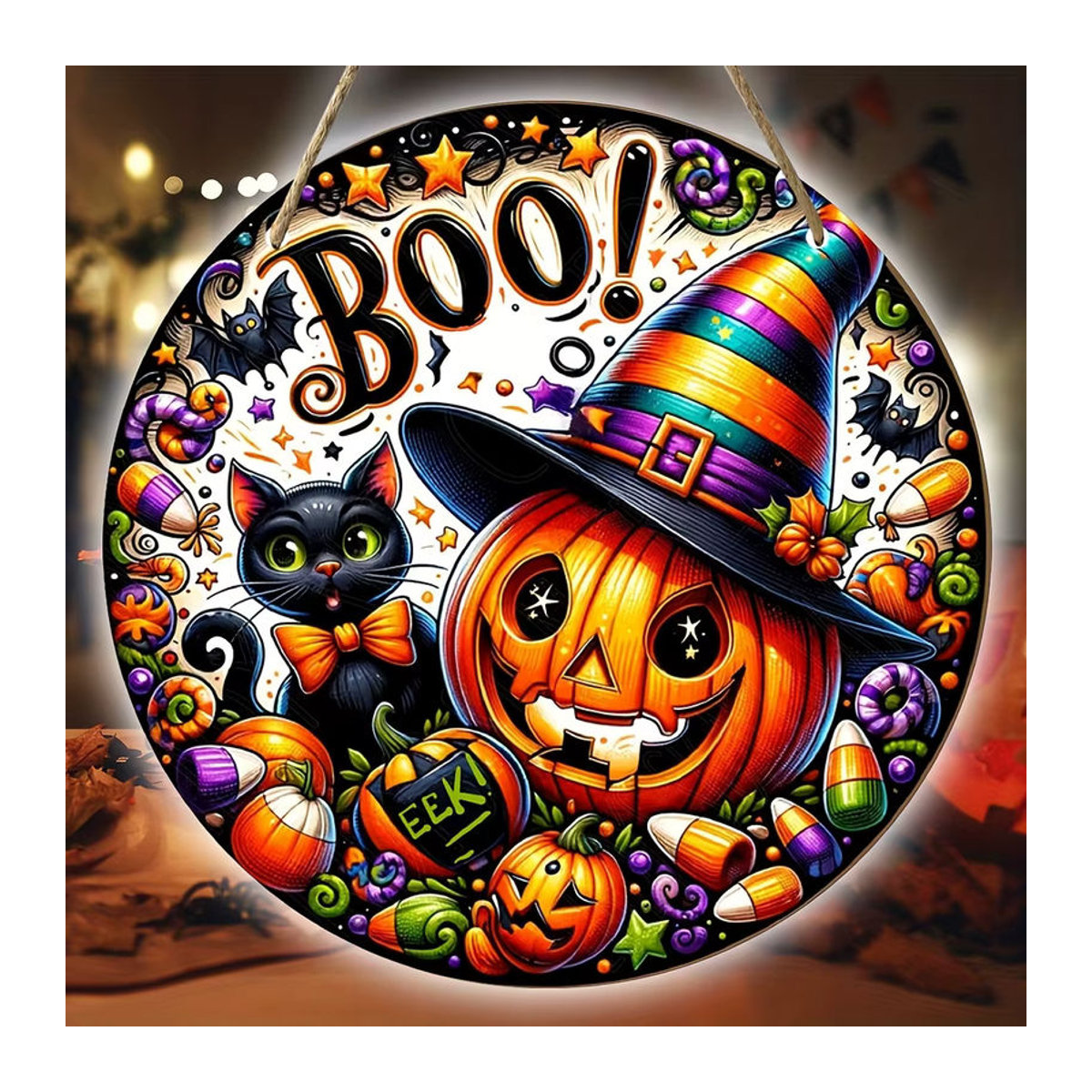 Sjs Rundes Holzschild Halloween Dekoration mit Kürbiskopf, Hexenhut und Katze, Mehrfarbig - Bild 2