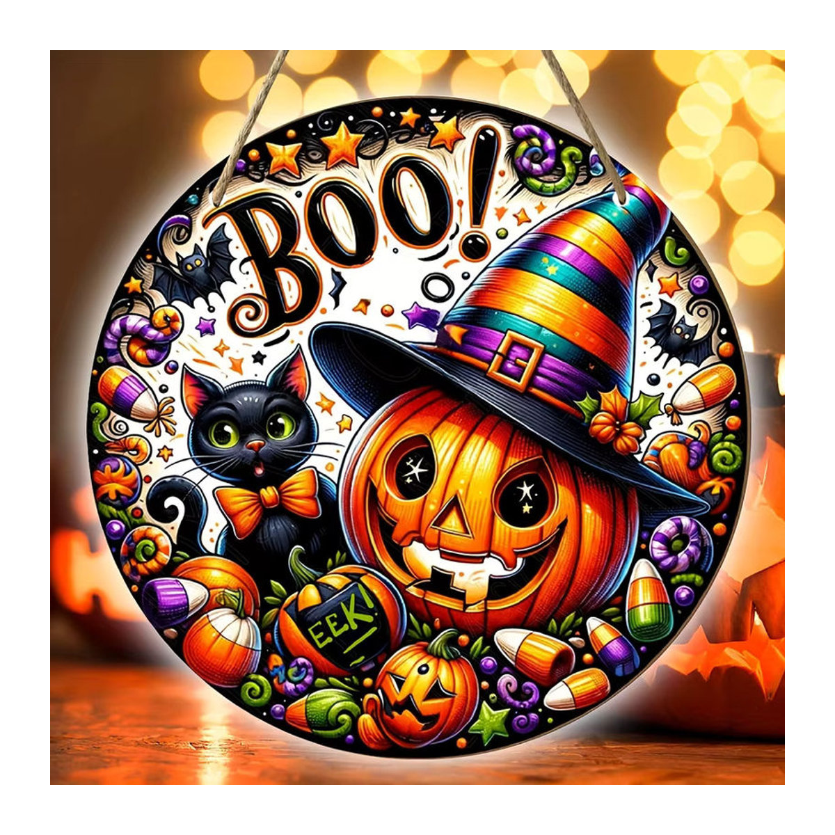 Sjs Rundes Holzschild Halloween Dekoration mit Kürbiskopf, Hexenhut und Katze, Mehrfarbig - Bild 3