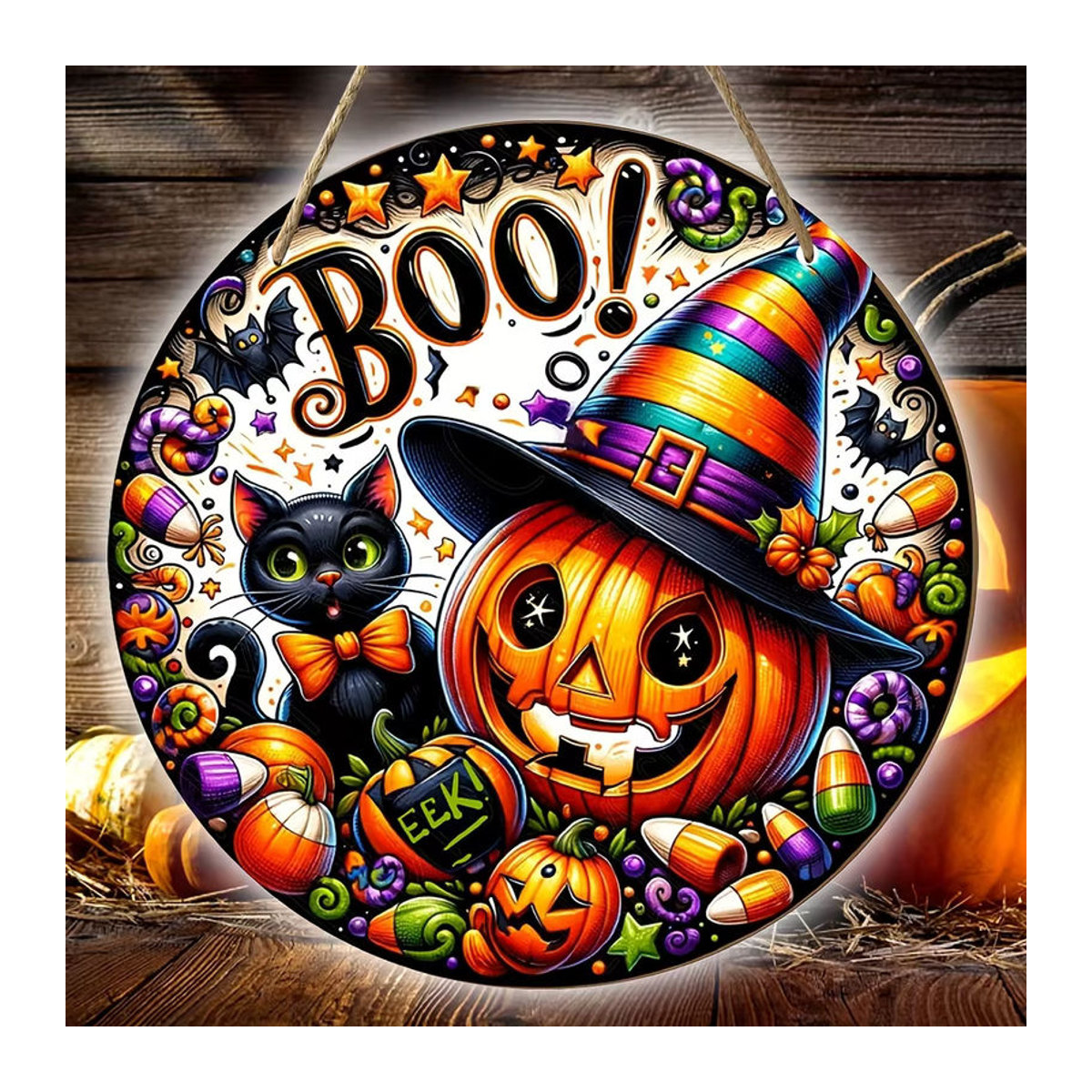 Sjs Rundes Holzschild Halloween Dekoration mit Kürbiskopf, Hexenhut und Katze, Mehrfarbig - Bild 4