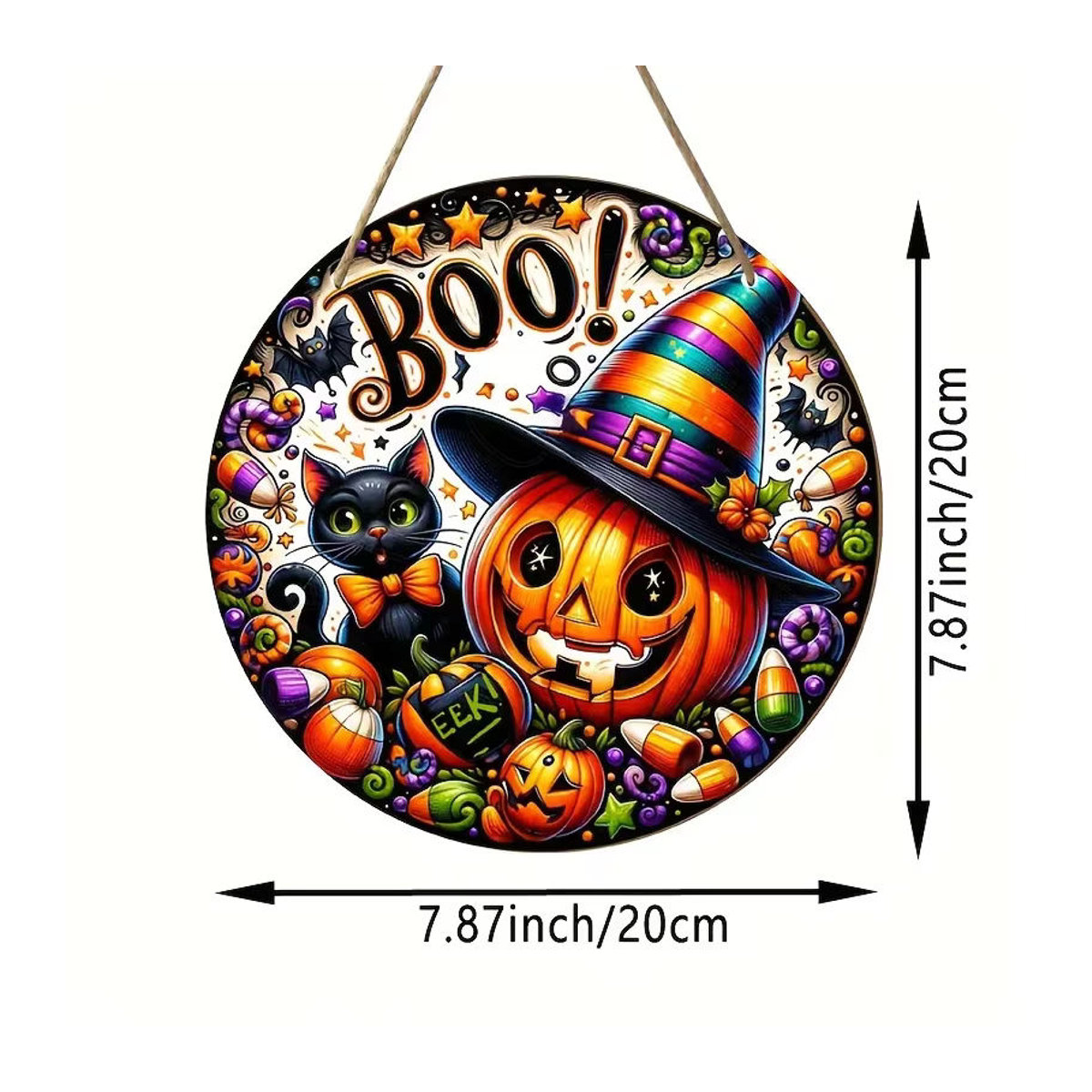 Sjs Rundes Holzschild Halloween Dekoration mit Kürbiskopf, Hexenhut und Katze, Mehrfarbig - Bild 6