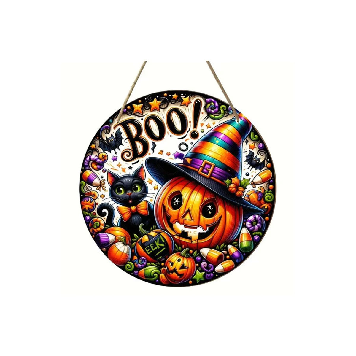 Sjs Rundes Holzschild Halloween Dekoration mit Kürbiskopf, Hexenhut und Katze, Mehrfarbig - Bild 7