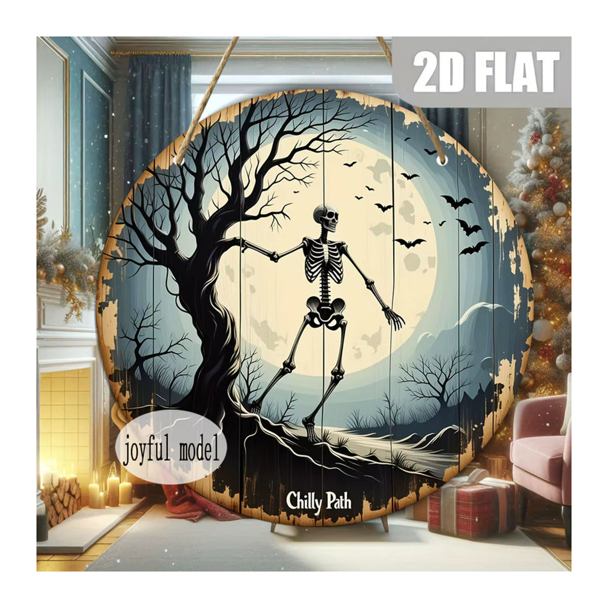 Sjs Rundes Holzschild mit Totenkopf, Mond und Fledermäusen als hängende Halloween-Dekoration, Mehrfarbig - Bild 2