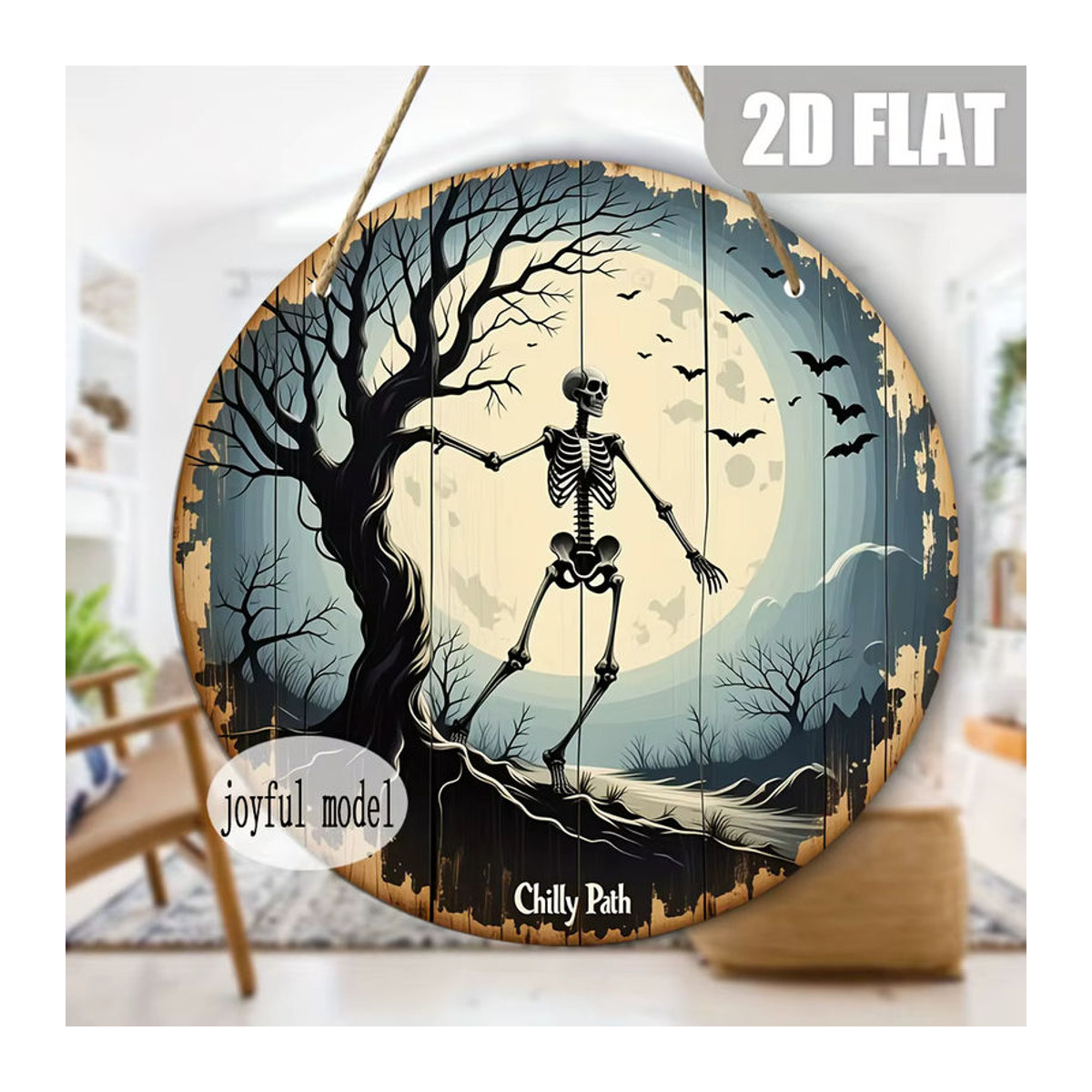 Sjs Rundes Holzschild mit Totenkopf, Mond und Fledermäusen als hängende Halloween-Dekoration, Mehrfarbig - Bild 3