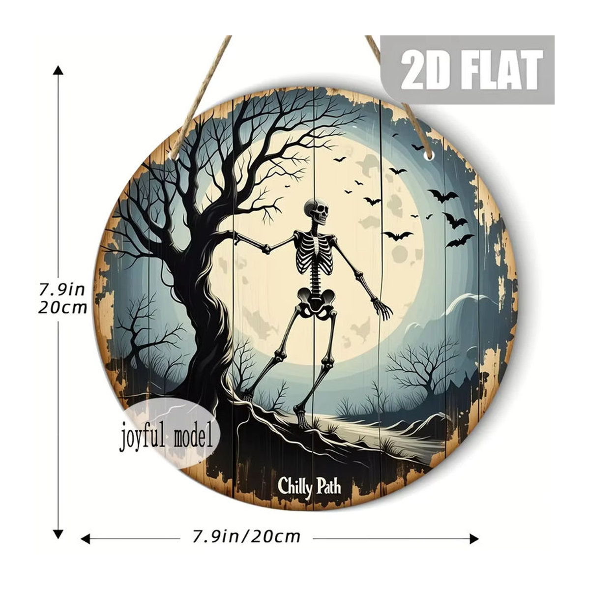 Sjs Rundes Holzschild mit Totenkopf, Mond und Fledermäusen als hängende Halloween-Dekoration, Mehrfarbig - Bild 5