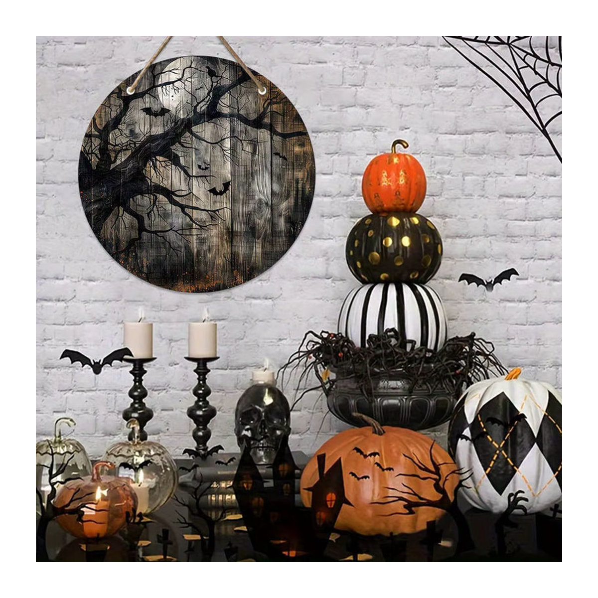 Sjs Rundes Holzschild mit Vollmond, totem Baum und Fledermaus als Halloween-Dekoration in Braun und Mehrfarbig - Bild 2