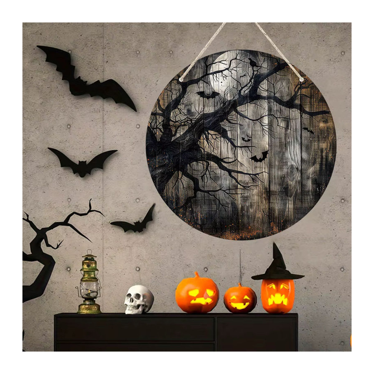 Sjs Rundes Holzschild mit Vollmond, totem Baum und Fledermaus als Halloween-Dekoration in Braun und Mehrfarbig - Bild 3