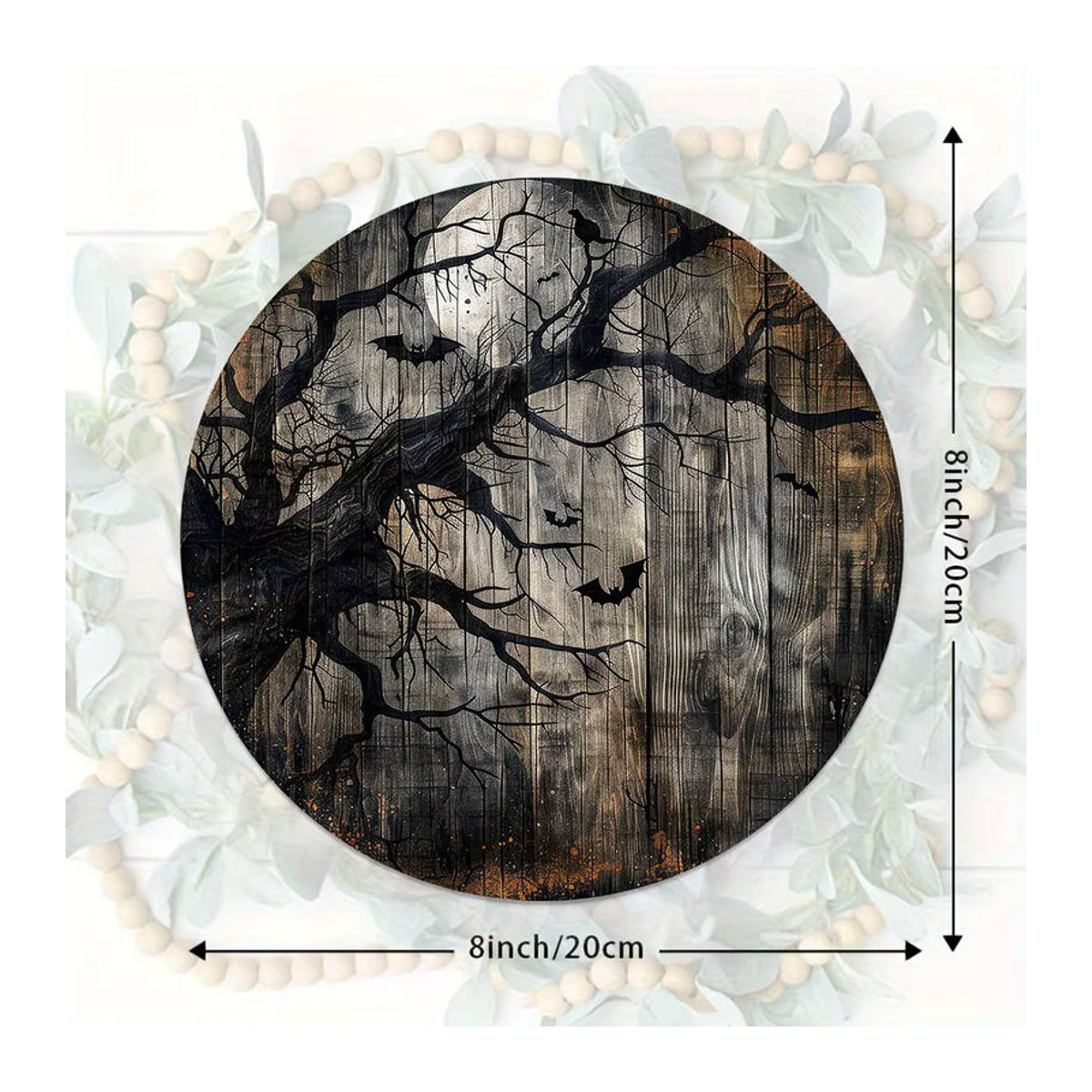 Sjs Rundes Holzschild mit Vollmond, totem Baum und Fledermaus als Halloween-Dekoration in Braun und Mehrfarbig - Bild 4