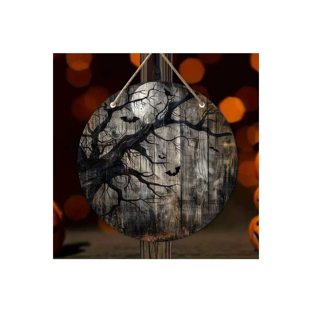 Sjs Rundes Holzschild mit Vollmond, totem Baum und Fledermaus als Halloween-Dekoration in Braun und Mehrfarbig - Bild 5
