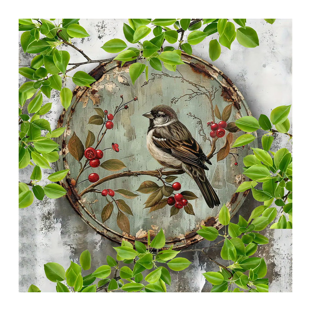 sjs Vintage Hängeschild aus Holz mit Vogel und floralem Kirsch-Motiv, rund, mehrfarbig - Bild 3