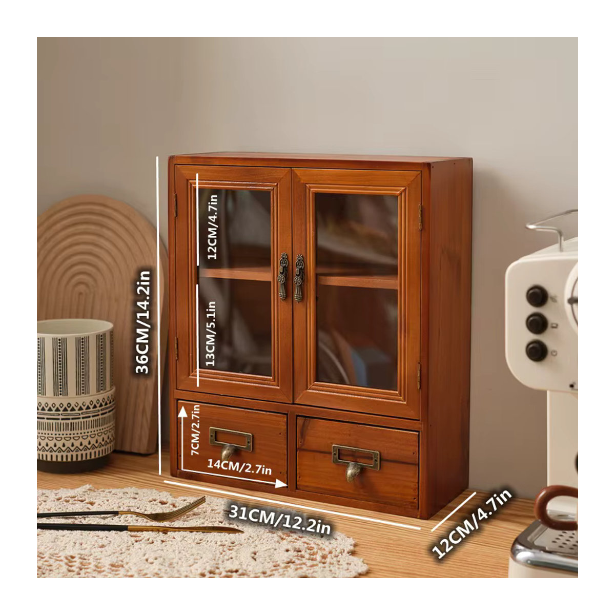 Skandinavische Vitrine aus Massivholz im Retro-Design mit Doppeltüren und Schubladen in Braun - Bild 4