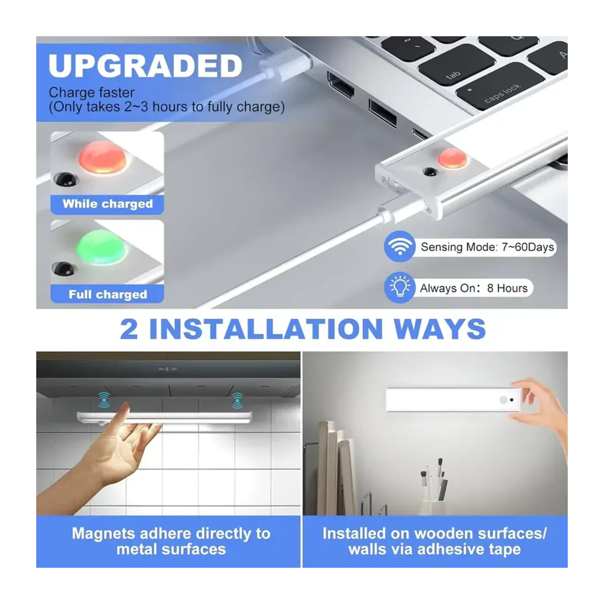 SKYSHADOW Kabellose LED-Nachtleuchte mit Bewegungssensor und Fernbedienung, USB-aufladbar, minimalistisches Design, Breite: 60 cm - Bild 4