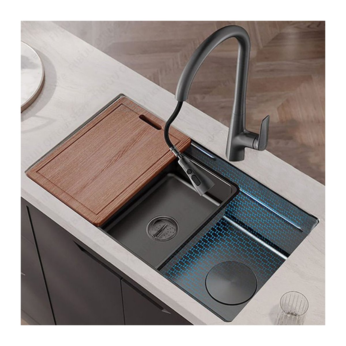 Slofy Multifunktionale Küchenspüle aus Edelstahl in Schwarz mit Wabenprägung und Gemüseschüssel im modernen Design - Bild 1