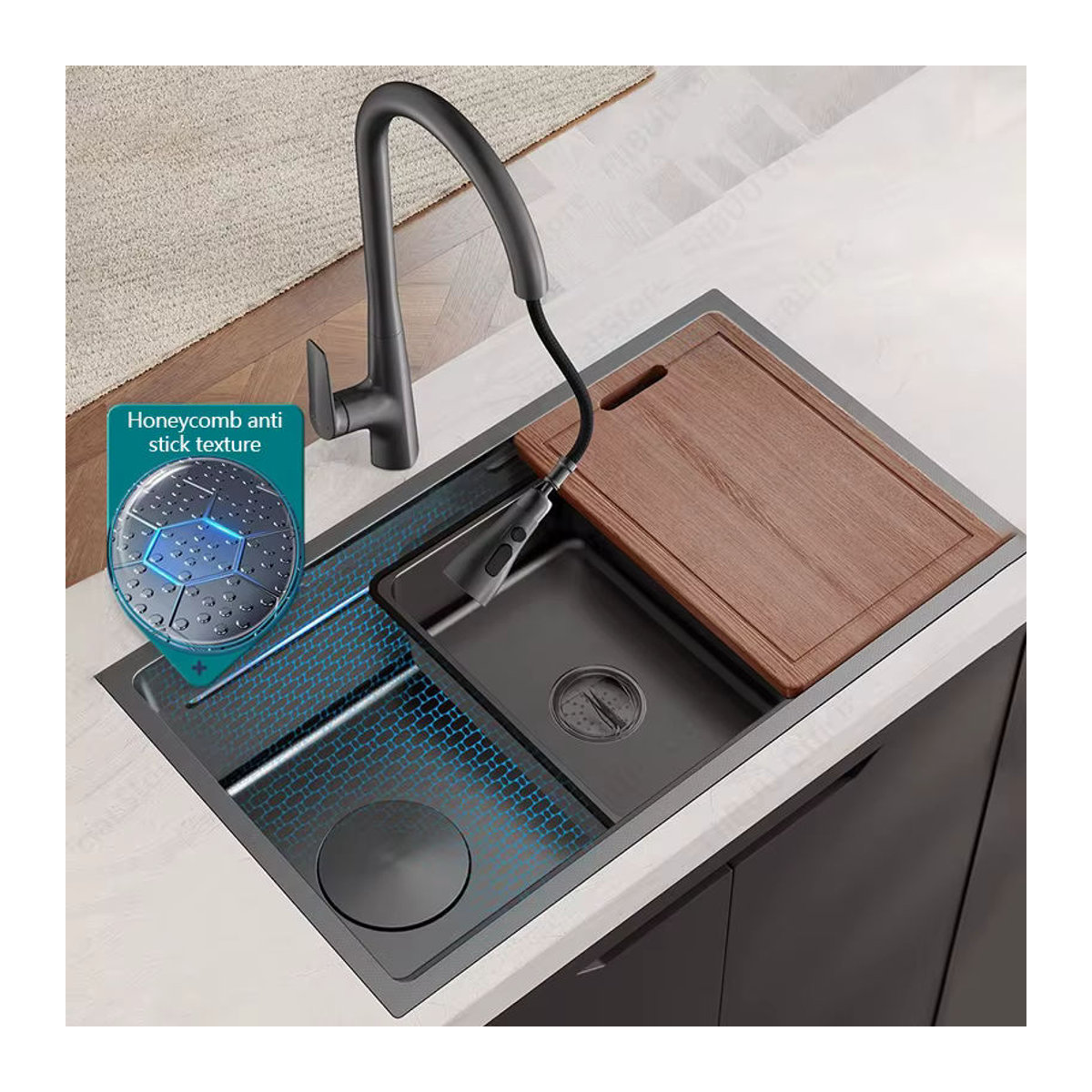 Slofy Multifunktionale Küchenspüle aus Edelstahl in Schwarz mit Wabenprägung und Gemüseschüssel im modernen Design - Bild 2