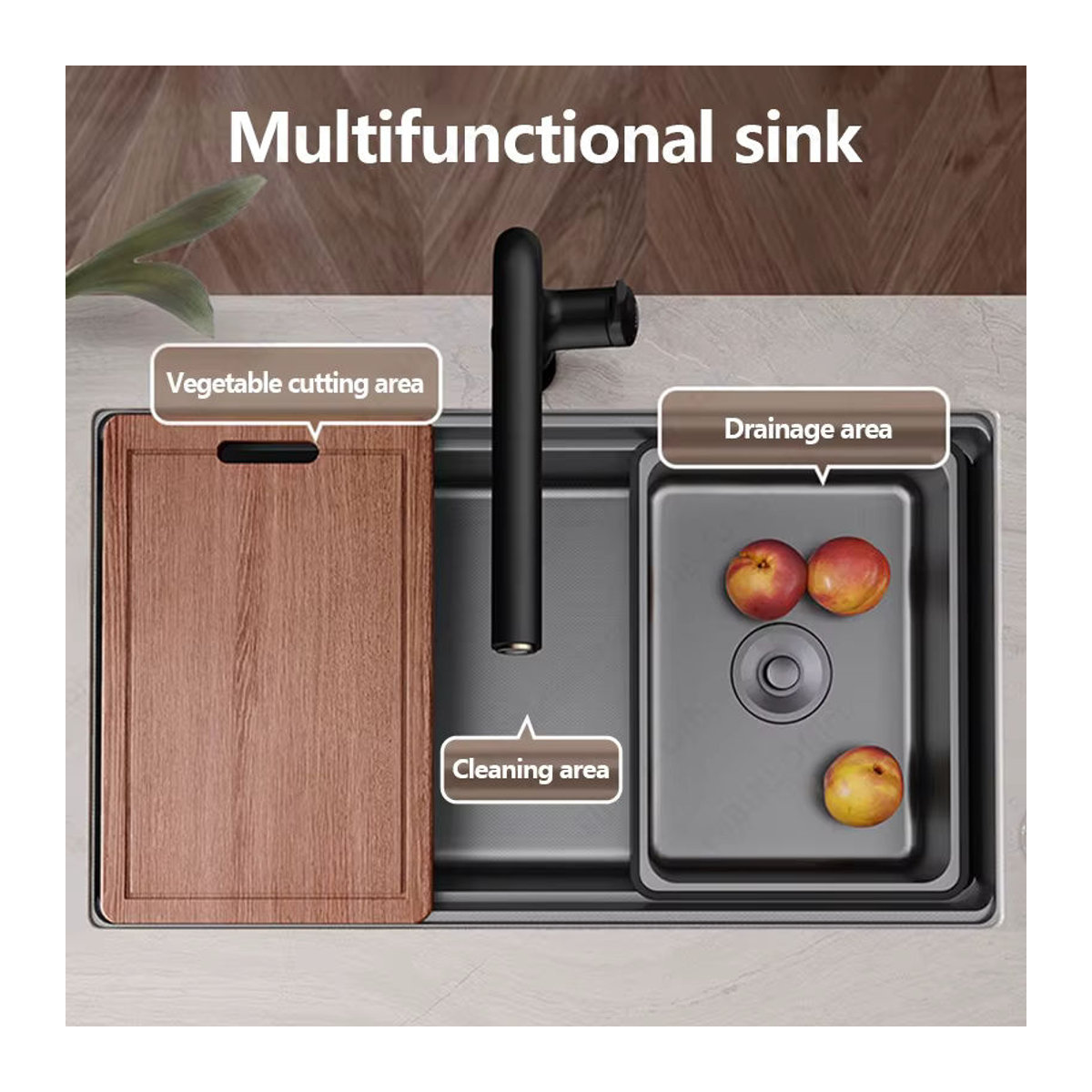 Slofy Multifunktionale Küchenspüle aus Edelstahl in Schwarz mit Wabenprägung und Gemüseschüssel im modernen Design - Bild 3