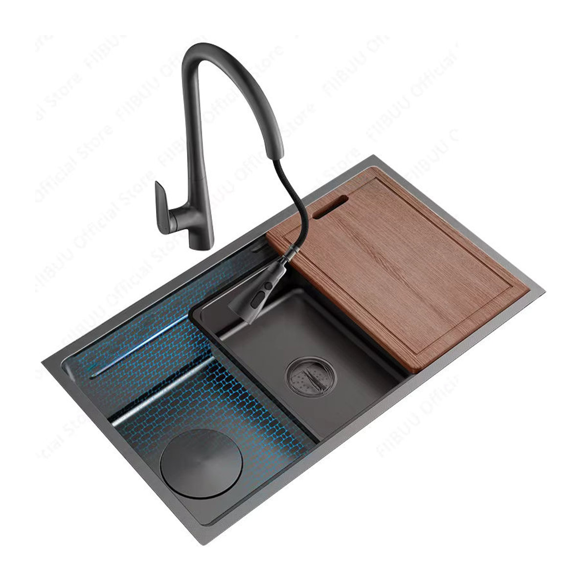Slofy Multifunktionale Küchenspüle aus Edelstahl in Schwarz mit Wabenprägung und Gemüseschüssel im modernen Design - Bild 4