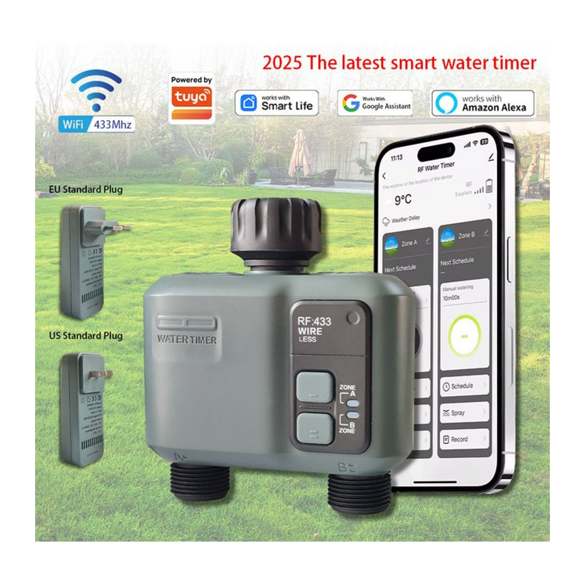 Smart Garten-Sprinkler-Wassertimer mit WLAN und RF433, programmierbarer automatischer Bewässerungscontroller mit 2-Wege-Regenverzögerung und Filter für Tuya, Grau - Bild 1