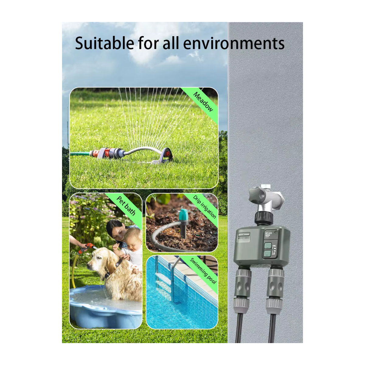 Smart Garten-Sprinkler-Wassertimer mit WLAN und RF433, programmierbarer automatischer Bewässerungscontroller mit 2-Wege-Regenverzögerung und Filter für Tuya, Grau - Bild 7